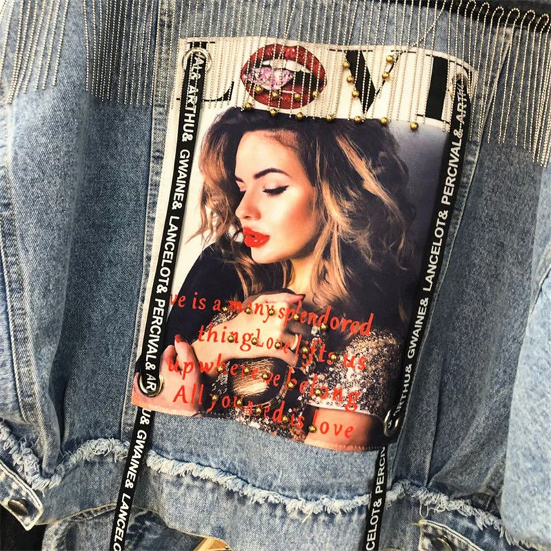 

Spring Autumn Women Fashion Denim Jacket Short Coat Beading Tassel Print Jeans Jacket Female Loose Long Sleeve Jeans Coat 2020