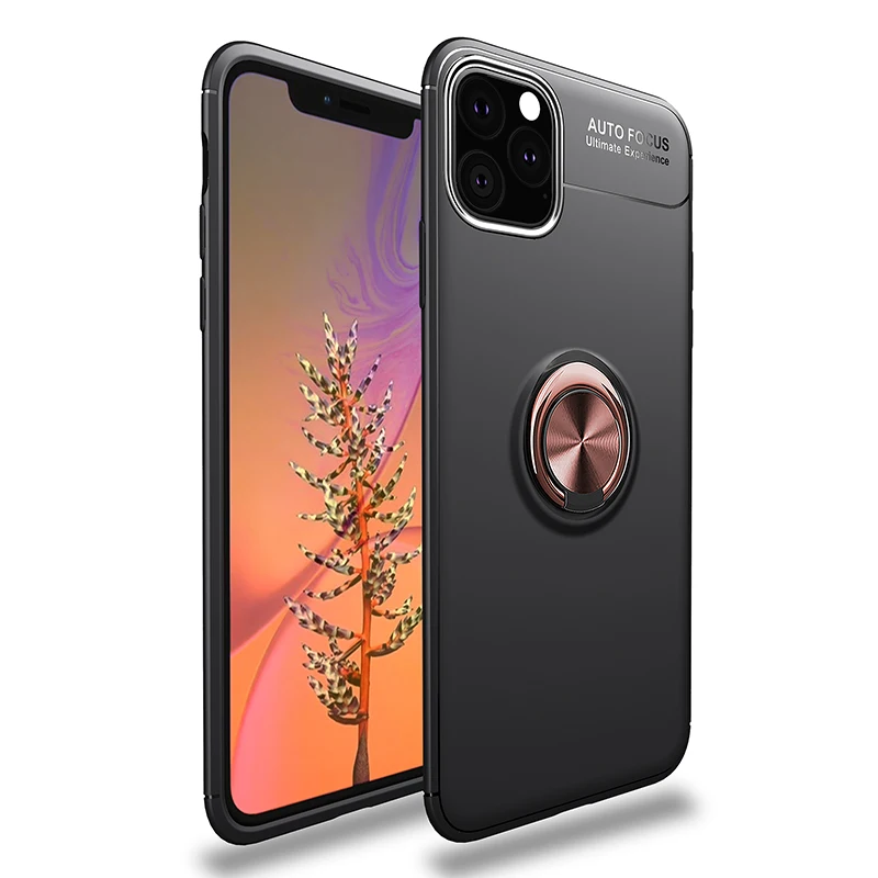 Black and Rose Gold Для iPhone 11 Pro Max чехол для телефона металлический палец кольцо матовый мягкий термополиуретан силиконовый задняя крышка для iPhone 11 противоударный жесткий чехол для телефона - Цвет: Black and Rose Gold