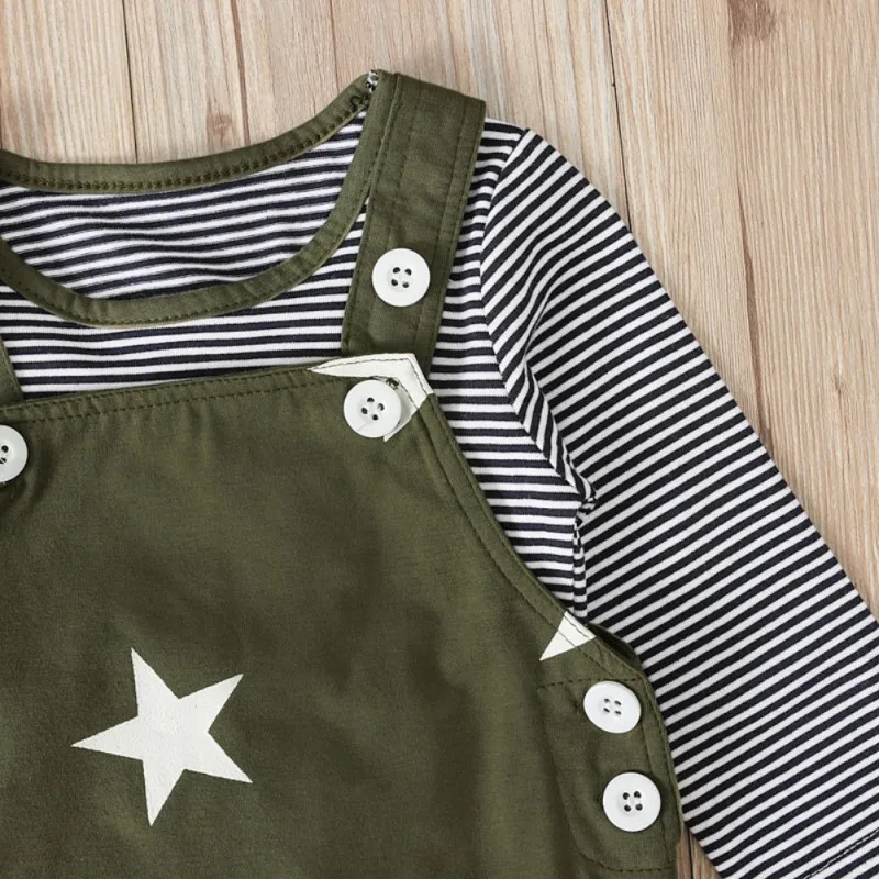 

3pcs Baby Boy Clothes Sets Autumn Baby Boy Long Sleeve Striped T-Shirt Tops+Star Suspenders Pants+Hat Outfits Clothes