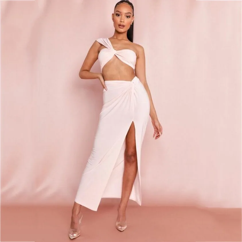 

Cross border European and American one shoulder bra long solid color high split two piece women's suit 2020 autumn new women's