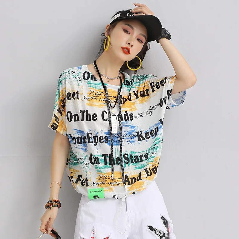 

2021 Fashion Summer Tops O Neck Short Sleeve Coloful Base Letters Print Streetwear Mujer Camisetas Woman Tshirts Freeshipping