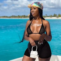 2021 summer fishnet hollow two piece set women sexy see through night club suits bra top shorts casual beach outfits swimsuits