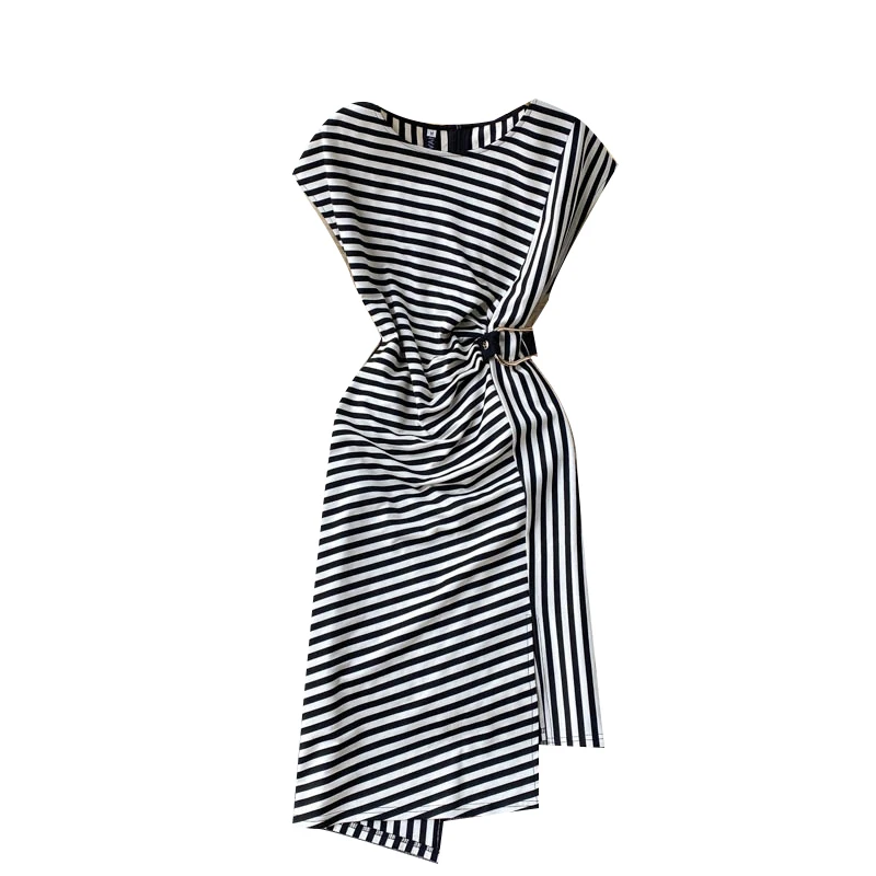 

Europe Style New Fashion Summer Elegant Women O Neck Stripe Fold Waist Irregular A Line Dress Ladies Party Dresses Vestido