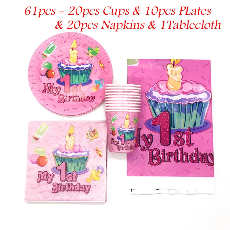 

21/41/61pcs Pink My First Birthday Happy Birthday Set Cup Plate Napkin Tablecloth Party Decor Kids Girl Party Supplies Tableware