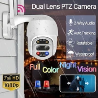 inqmega dual lens 1080p ptz wifi outdoor security protection cctv monitor 4x zoom dome auto tracking alarm camera sound light
