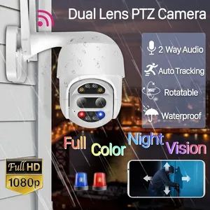 2020 dual lens 1080p wifi ptz outdoor cctv camera monitor 4x zoom wireless dome auto tracking alarm sound light security camera free global shipping