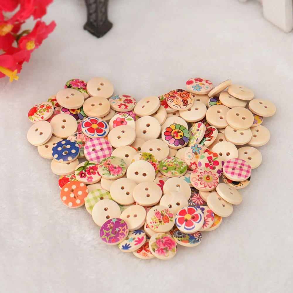 100 штук смешанных деревянных пуговиц с узором дерева и 2 отверстиями для шитья, для скрапбукинга и рукоделия, аксессуары для украшений, размер 15 мм - JULY28.
