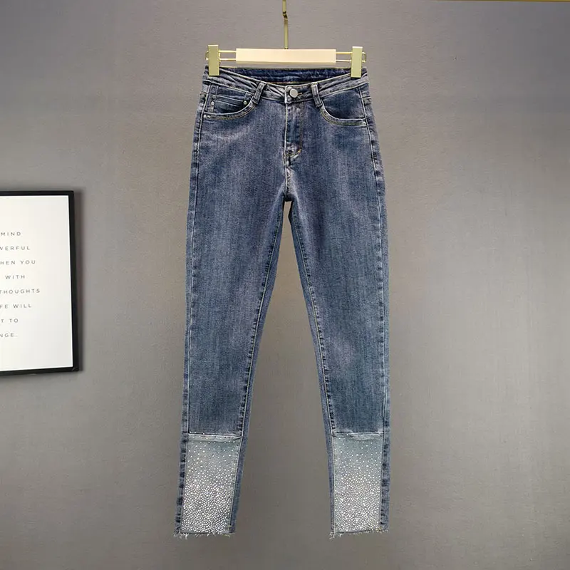 

Rhinestone Skinny Jeans for Women 2021 Spring New Elastic High Waist Slimming Versatile Pencil Pants Girls Lady Casual Jean