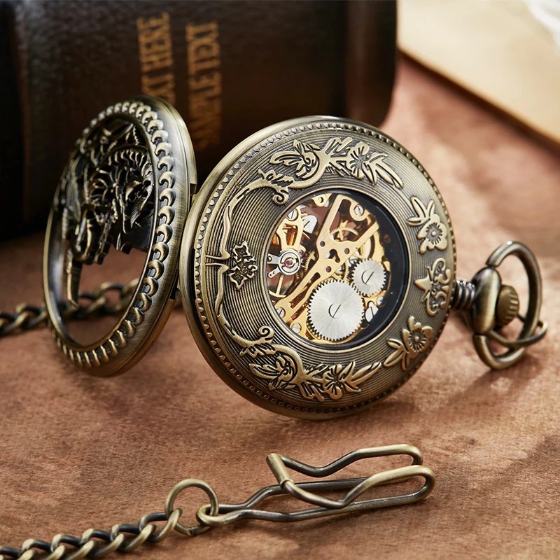 Vintage Bird Mechanical Pocket Watch Skeleton Laser Engraved Case Bronze Fob Chain Clock for Men Women Collection Dropshipping