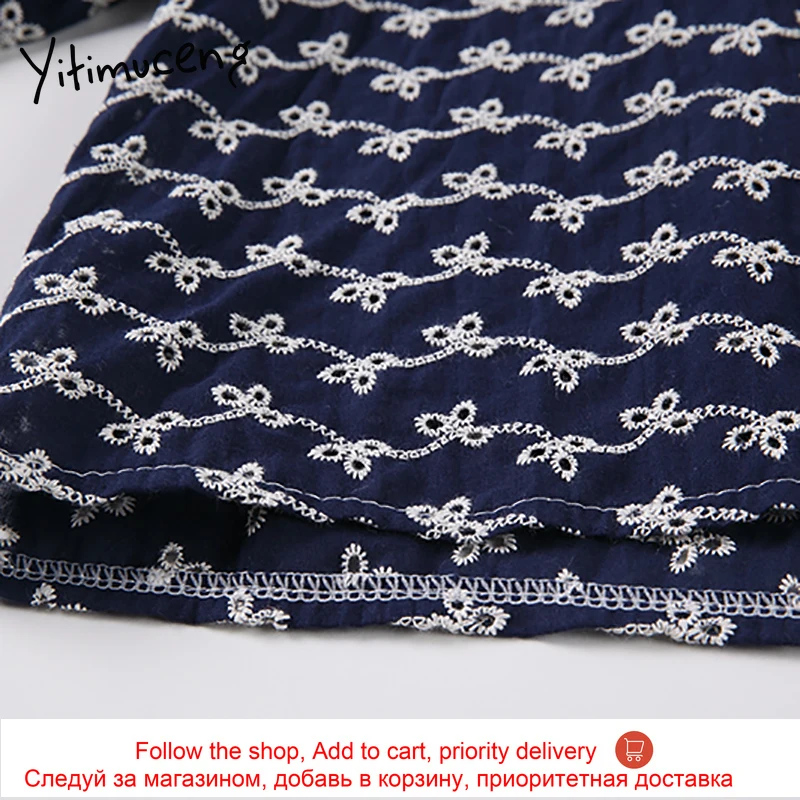 

Yitimuceng Floral T Shirts Woman Button Up Tees Straight Office Lady Tops Solid Blue 2021 Summer Fashion New Knitted Tshirts