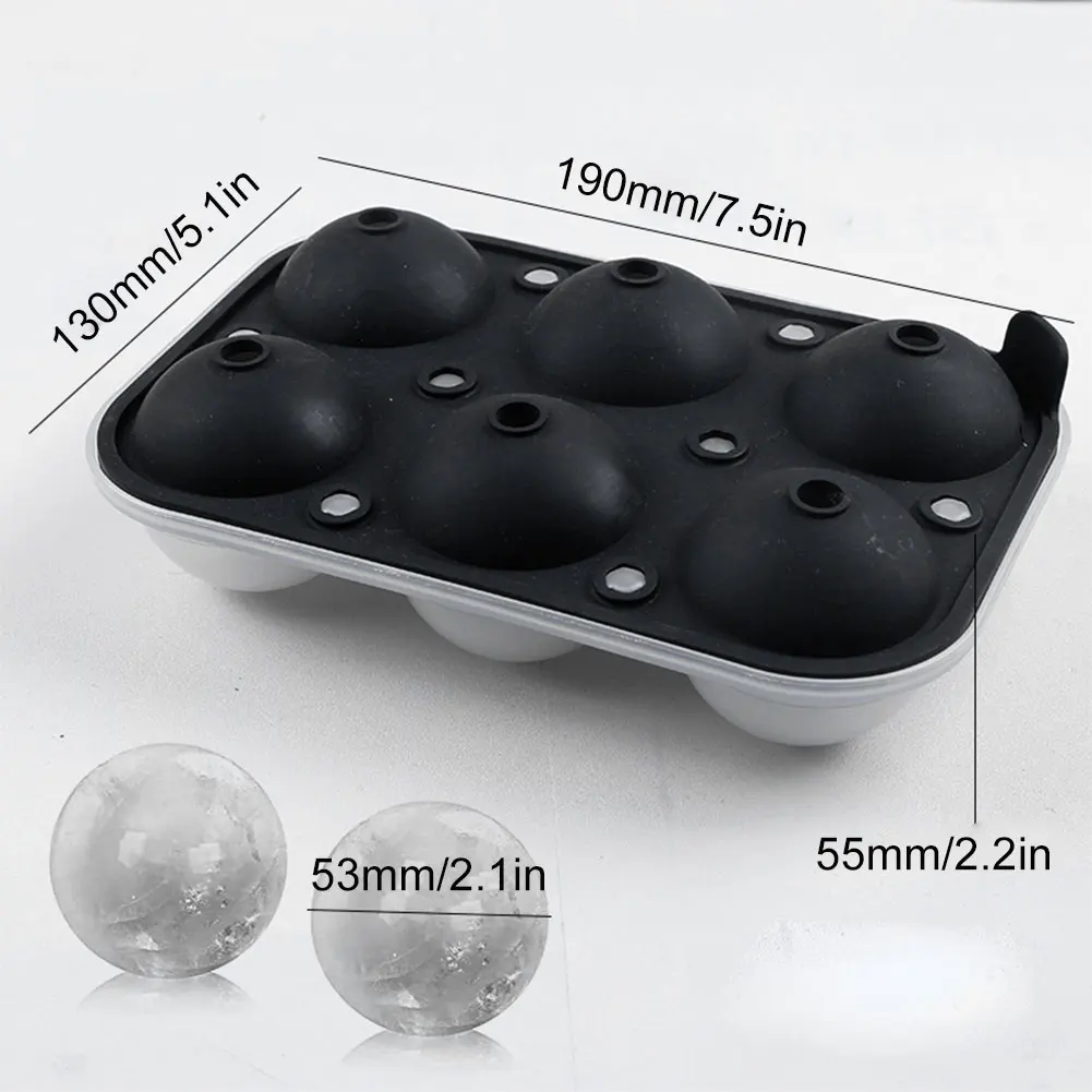 

Food Grade Soft Silicone Eco-Friendly Useful Homemade Ice Cube Tray Ball Maker Mold Cute Simple with 6 Hole Funnel Black