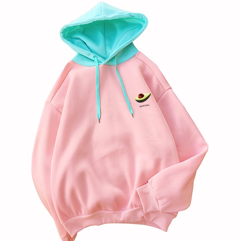 

Autumn Winter New Drop Shoulder Hooded Sweatshirt Women Streetwear Fleece Spell Color Splicing Kawaii Avocado Print Hoodies Tops