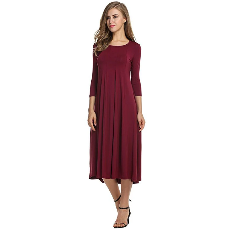 Ladies Dress Casual Round Neck Mid-Sleeve Drooping Long Dresses Pure Color Autumn New Women's Clothing Vestidos Mujer Verano