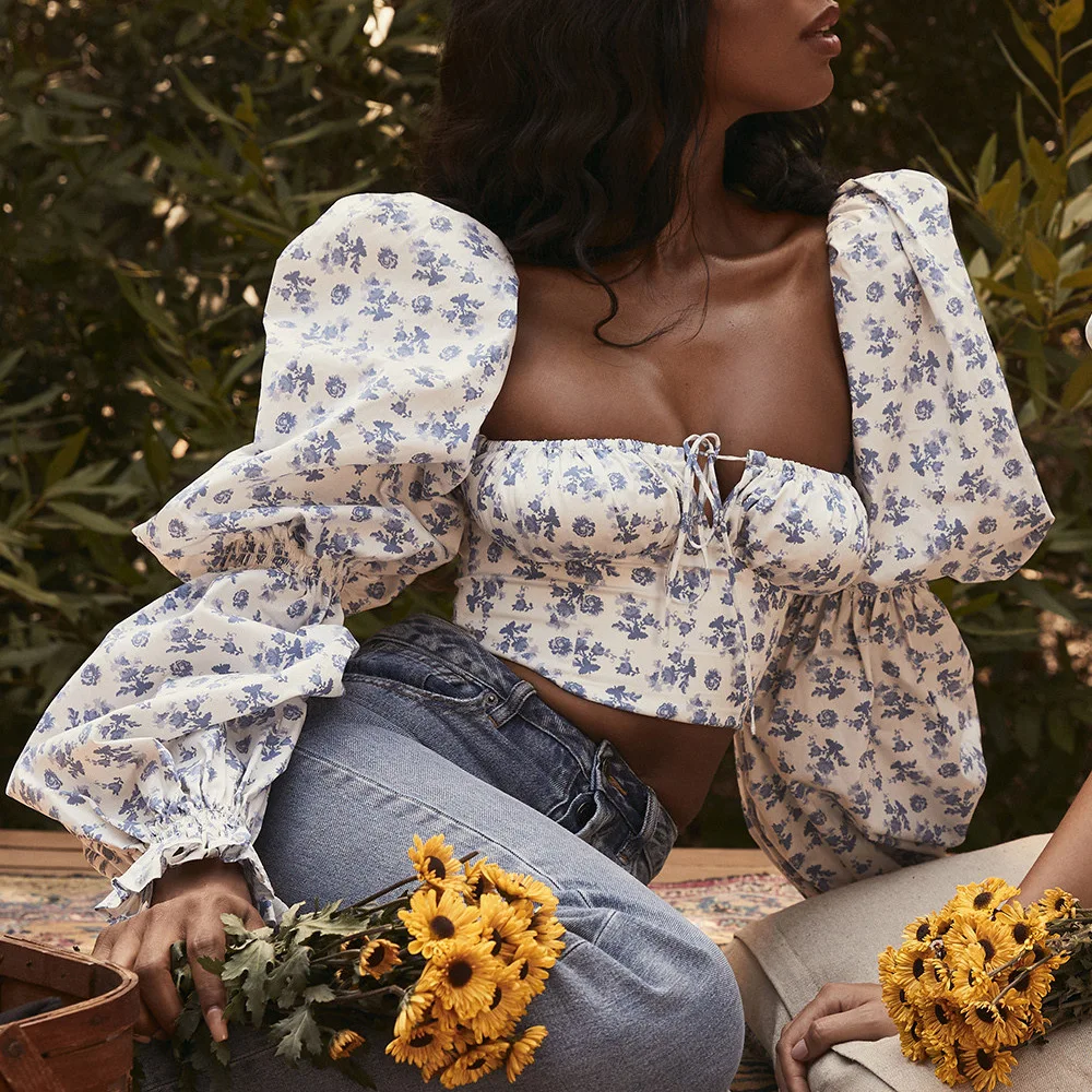 

Long Puff Sleeve Top Women Floral Print Crop Top T Shirt 90s Aesthetic Clothes Streetwear Tshirt Feminine Cute Tops Tee Shirt