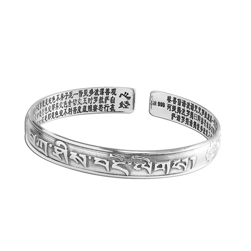 

Vintage Fashion Matte Women Open Bangles Tibetan Six Words Mantra Engraved Buddhist Heart Sutra 999 Sterling Silver Jewelry