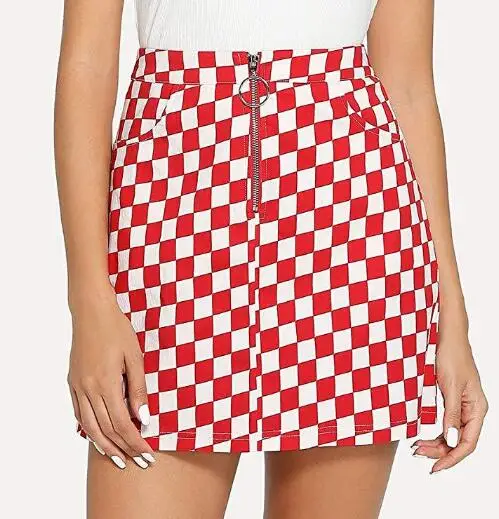 short zipper red 1 Сексуальная облегающая уличная Корейская клетчатая мини-юбка в клетку с высокой талией и застежкой-кольцом на молнии Harajuku 90s Faldas размера плюс - Цвет: short zipper red 1