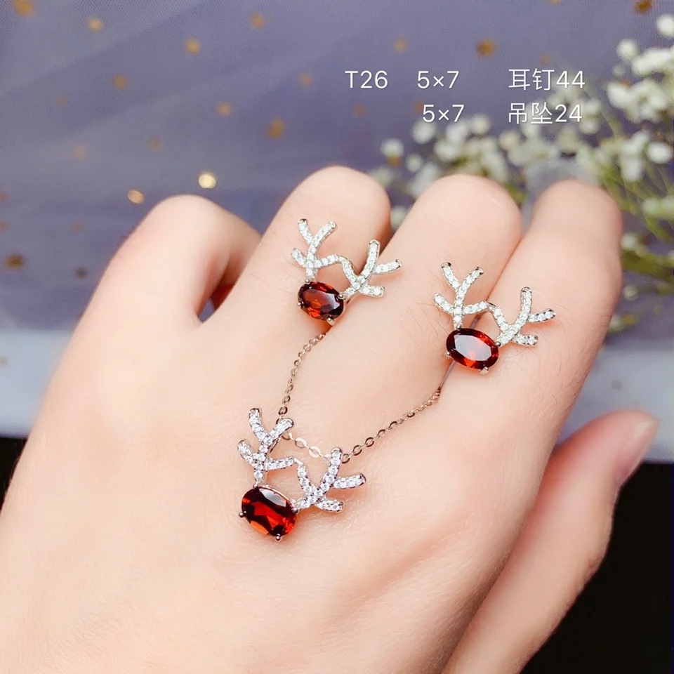 

shilovem 925 sterling silver Natural garnet pendants earrings fine Jewelry women wedding open send necklace new btz0507333ags