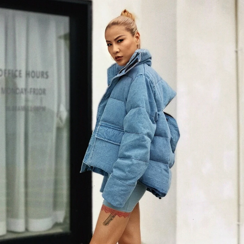 TWOTWINSTYLE повседневное синее открытое хлопковое пальто для женщин воротник с лацканами длинный рукав теплые толстые осенние парки Женская мода