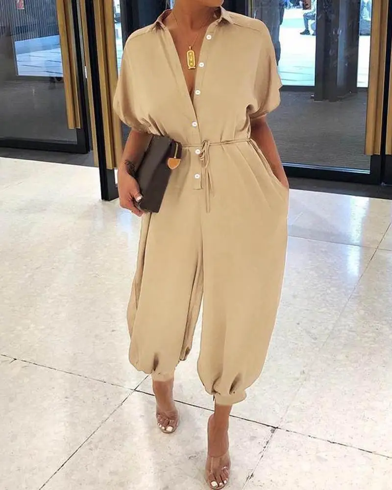 

2021 Summer New Style Leopard Print Retro Casual Short Sleeve Women Jumpsuit