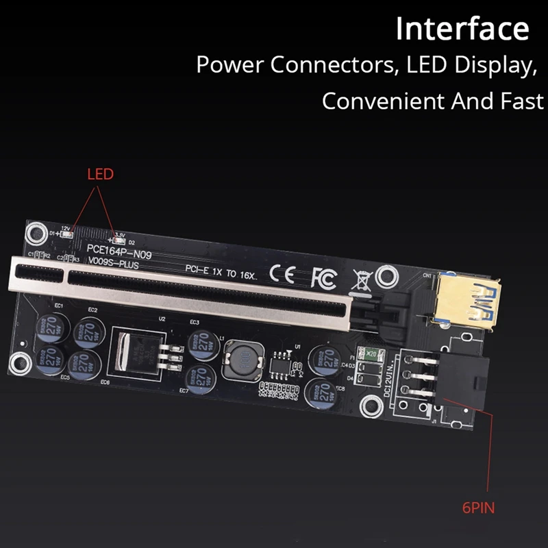 

6Pcs PCI-E Riser 009S Plus Card PCIE PCI E Extender GPU X16 USB 3.0 to 6Pin Adapter Cable Riser for Video Card Mining