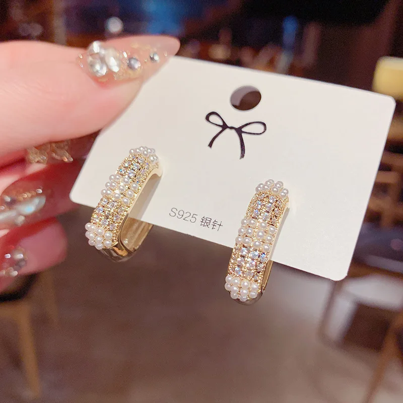 

Ins Hot Sale Light Luxury Zircon Pearl Metal Geometry 14K Real Gold Stud Earrings for Women Cubic Zircon ZC Earrings