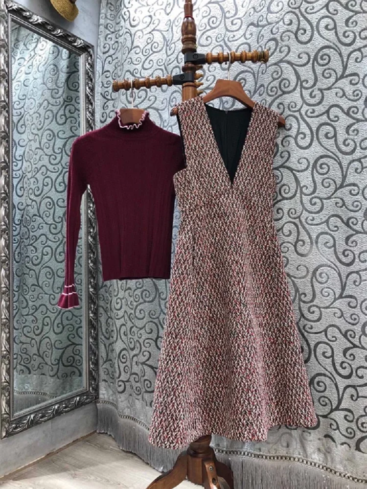 

Two Piece Set 2020 Autumn Winter Sweater Set Women Ruffled Collar Knitted Pullovers+V-Neck Sleeveless Wool Dress Sets & Suits