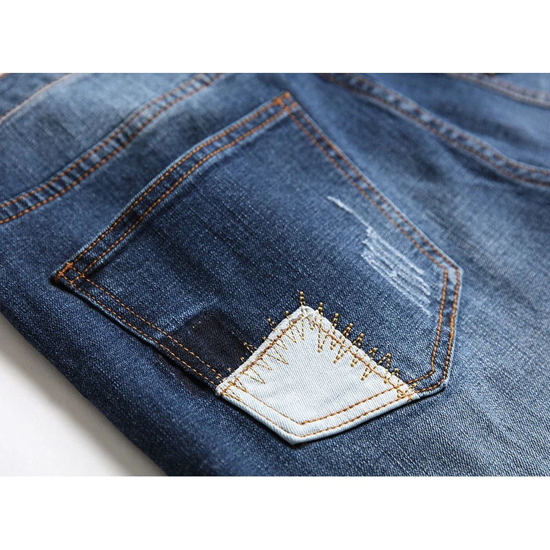

Mens Straight Jeans Fashion Patchwork Stretch Denim Pants Frayed Hip Hop Cowboy Trousers Slim Fit Streetwear Casual Jean for Men