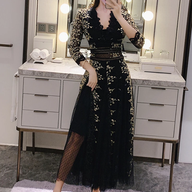 Женское кружевное платье с вышивкой Элегантное Длинное Платье завышенной талией