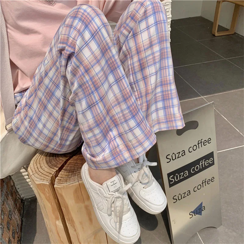 

Summer Harajuku casual Women's pants Pink Plaid Pants loose Vintage Hip Hop Elastic Waist Jogger Korean Student Sweatpants