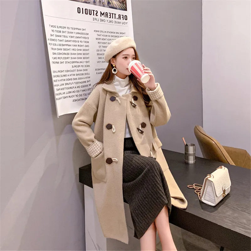 

Imitation double-sided woolen horn button knitted jacket women autumn and winter new lapel mid-length sweater women cardiganC137