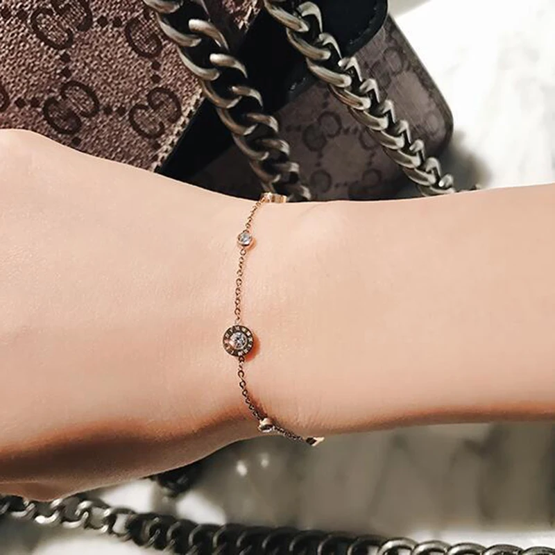 Женский браслет из титановой стали 18KGP цвета розового золота с римскими цифрами и