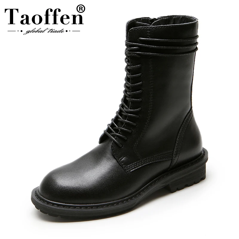 Taoffen Women Genuine Leather Winter Ankle Boots Zipper Cross Strap Fashion Black Motorcycle Boot Daily Shoes Woman Size 35-39 | Обувь