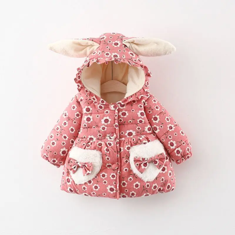 

Baby Girls Clothes Children's Winter Cotton Coat Sunflowers Pattern Cute Rabbit Ears Hooded Jackets With Button Bow Pockets