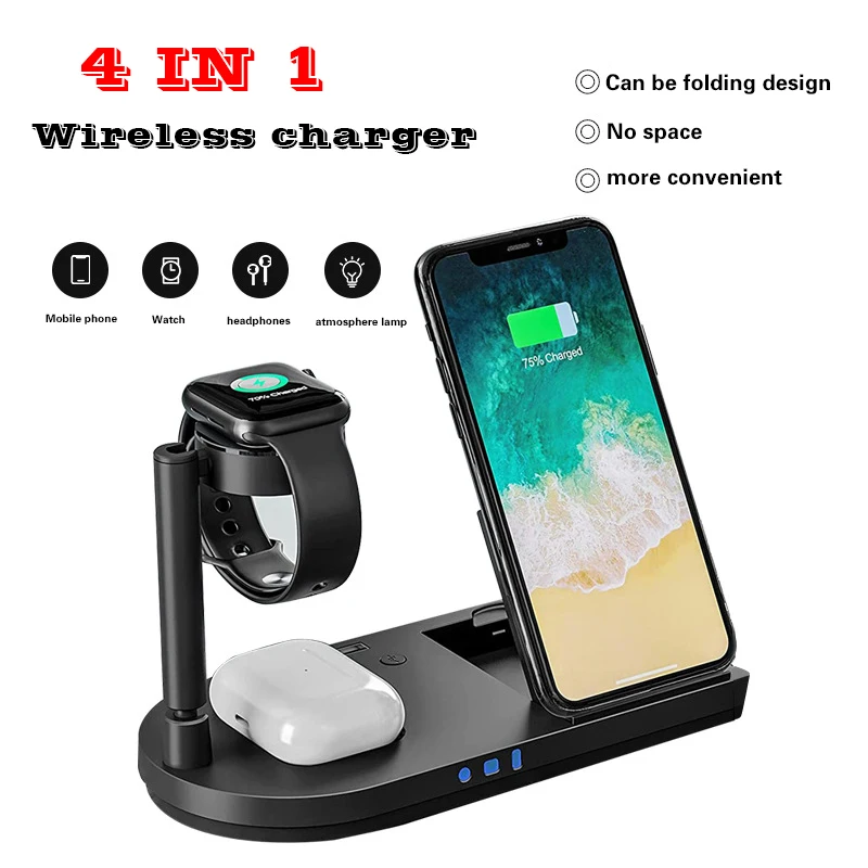 

4 в 1 10 Вт Беспроводная зарядная станция для iPhone 12 /13 Pro Max для серии Airpods iWatch, складное Беспроводное зарядное устройство, настольная лампа