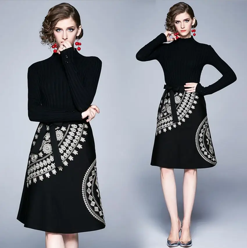 Bow Tie Black Vintage Spring Dress Ladies Medium And Long Knit 2020 New Korean Fashion Sleeve Embroidery Dress|Женские платья| |