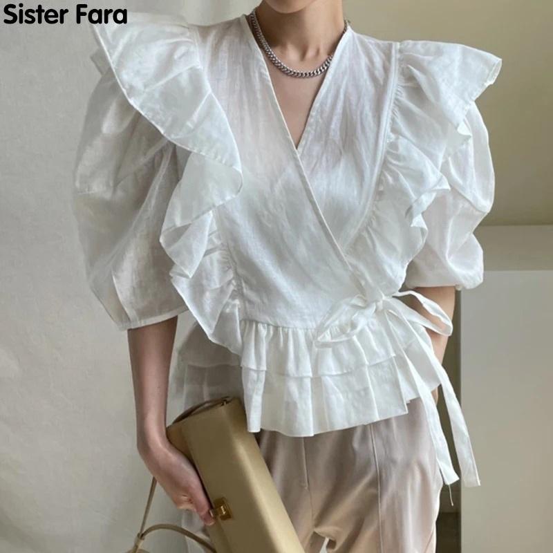 

Sister Fara New Summer 2021 Ruffles Lace Up Shirt for Women Chic V-Neck Solid Loose Blouse Office Lady Puff Sleeve Casual Shirts