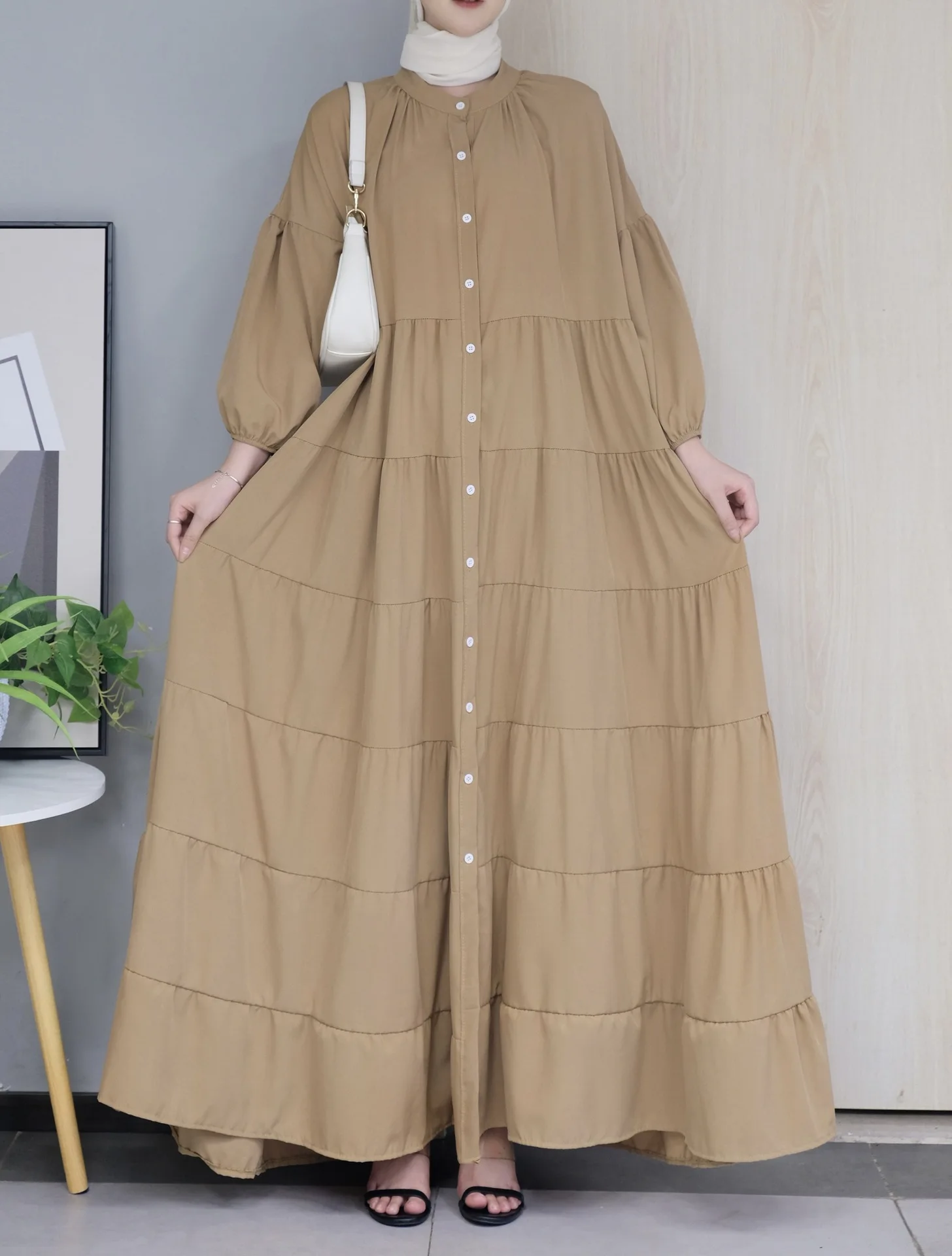 Solid Color Plain Muslim Long Dresses for Women Dubai Abaya Turkey Hijab Dress Long Sleeve Kaftan Vestido Ruffles Sundress