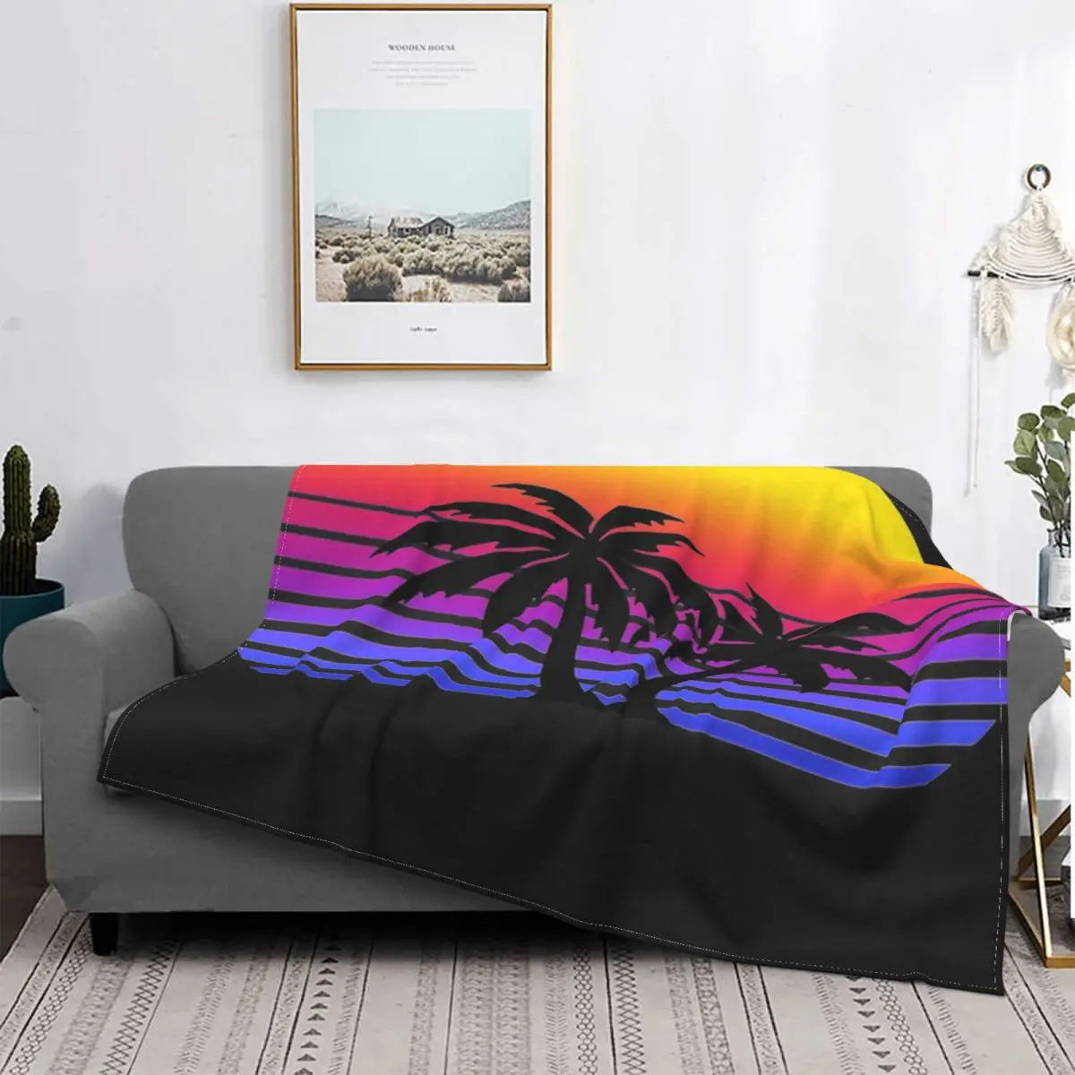 

Synthwave-Manta esencial con palmeras y sol, colcha a cuadros para cama, sofa y cama, manta ponderada de verano