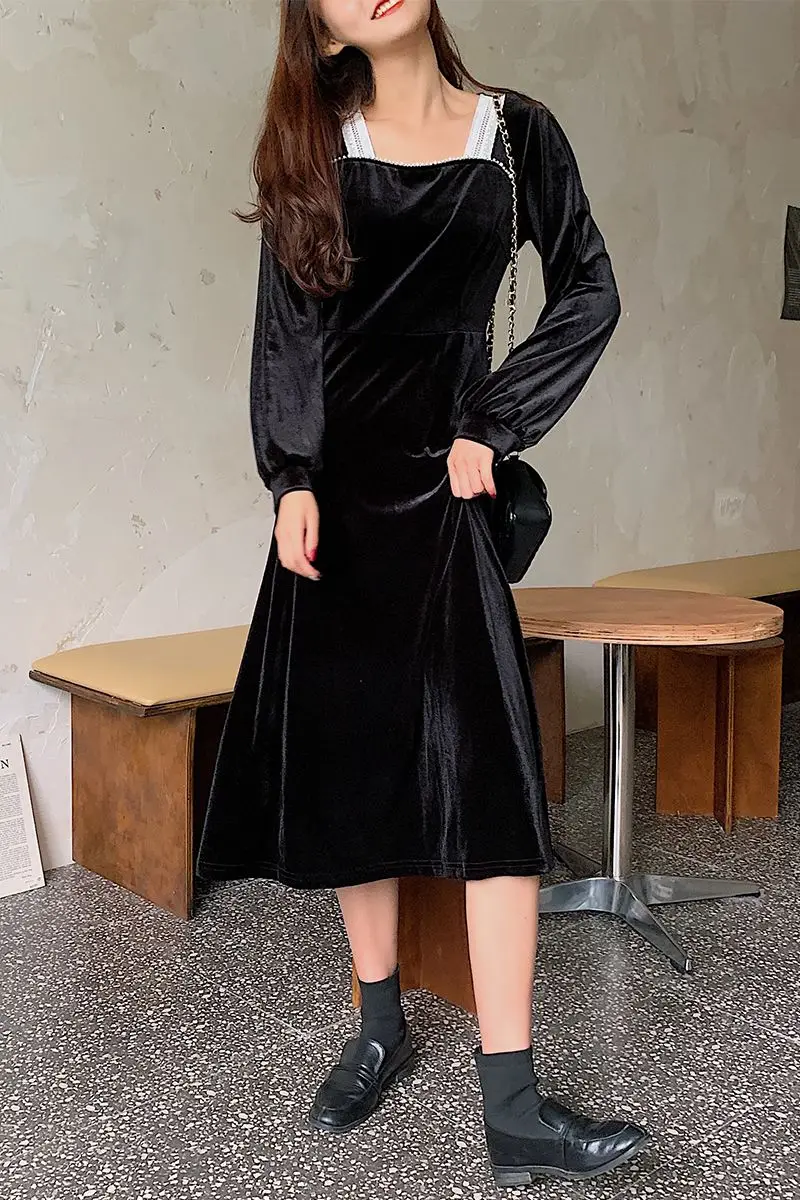 

COIGARSAM Vintage Full Sleeve Women dress Square Collar Dresses Black 7595