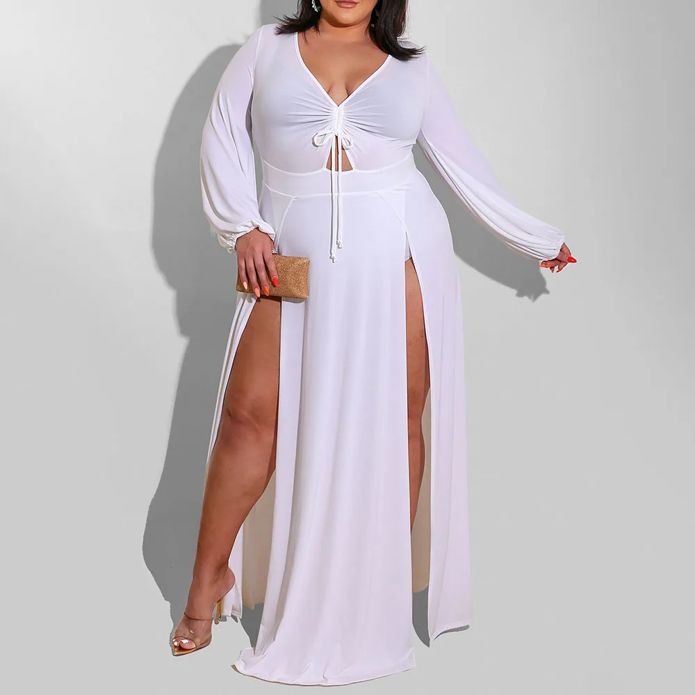 

Autumn New 2021 Plus Size Women Clothing Europe America Sexy Split Fork Solid Color V-neck Long Sleeve Hollow Out Tie Dress