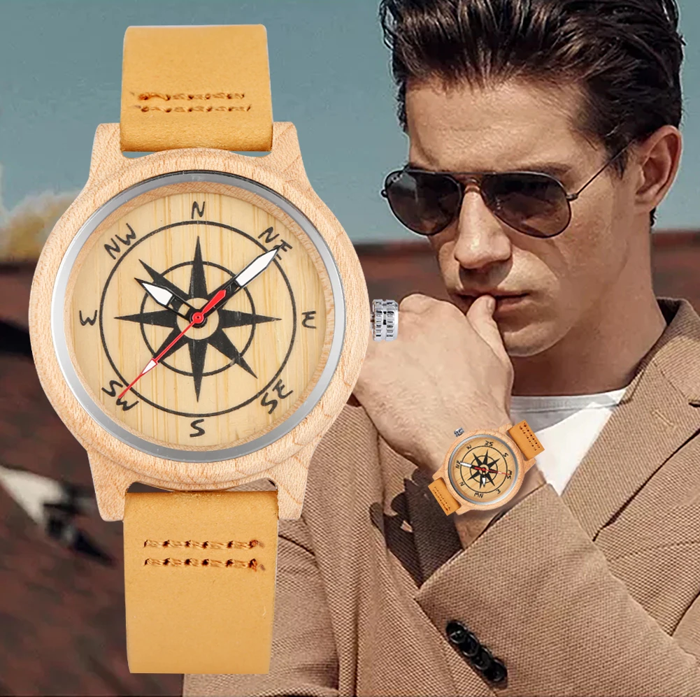 

Wooden Mens Quartz Watches Compass Watch Leather Watchband Man Maple Wood Christmas Gift for Dad Husband Relogio Masculino
