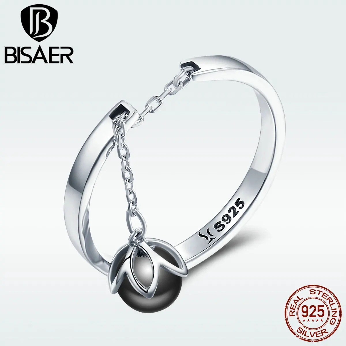 BISAER, Настоящее серебро 925 пробы, женский черный CZ, регулируемая цепочка, кольца на палец для женщин, ювелирные изделия из стерлингового серебра GXR314