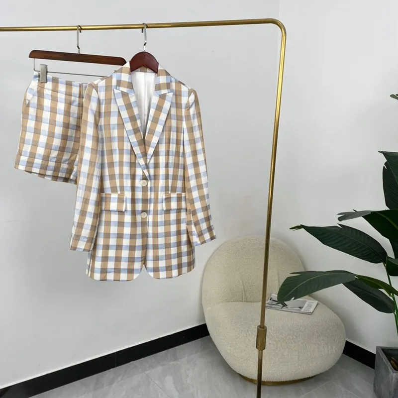 

2021 New Autumn Women Fashion High Street Multi Plaid Turndown Collar Long Sleeve Tops Shorts Suit High Quality
