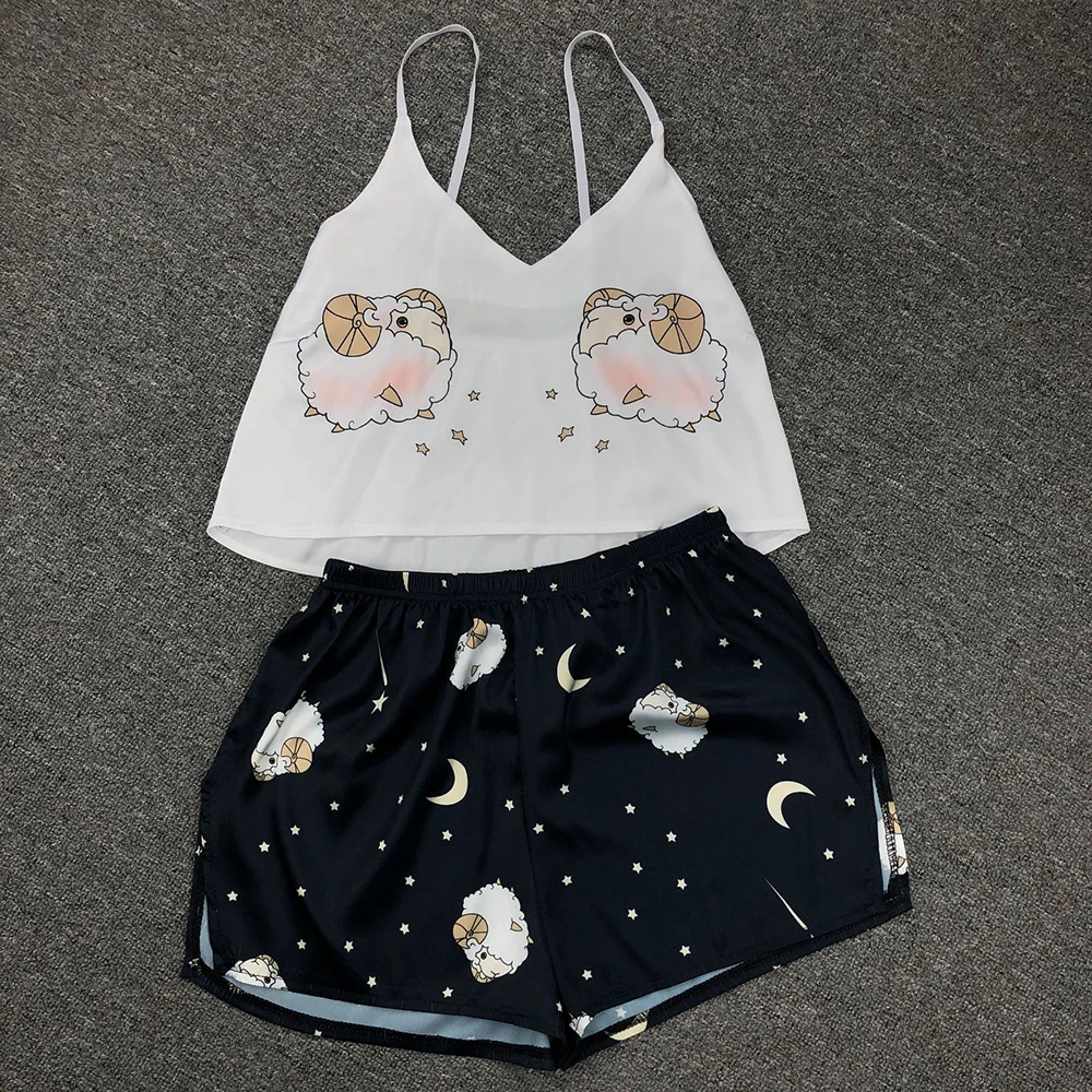 

Animal Cartoon Print Lovely Sleepwear Home Suit Summer V Neck Sexy Pyjamas Women Spaghetti Strap Loose Pijama Satin Femme Cat