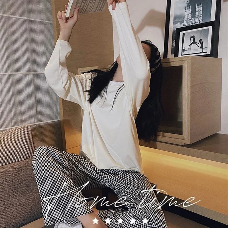 QWEEK Korean Style Plaid Pant Sleepwear Women White Top Pajamas Brief Female Set Pijamas Autumn Long Sleeve Loungewear Pyjamas