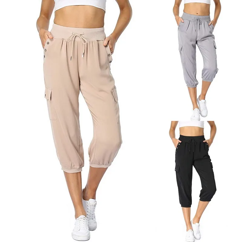 

Women Ladies Pencil Pants Summer Women Mid Rise Pockets Capri Pants Cropped Trousers 3/4 Trousers Plus Size Female Capris 2021
