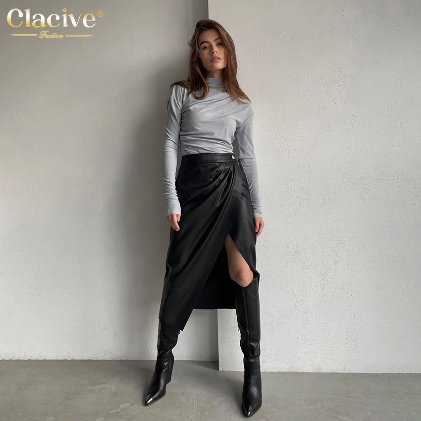 

Clacive Sexy Black Slit Women's Skirt 2022 Spring Elegant Slim Ruched High Waisted Midi Skirts Ladies Casual Chic Woman Clothes