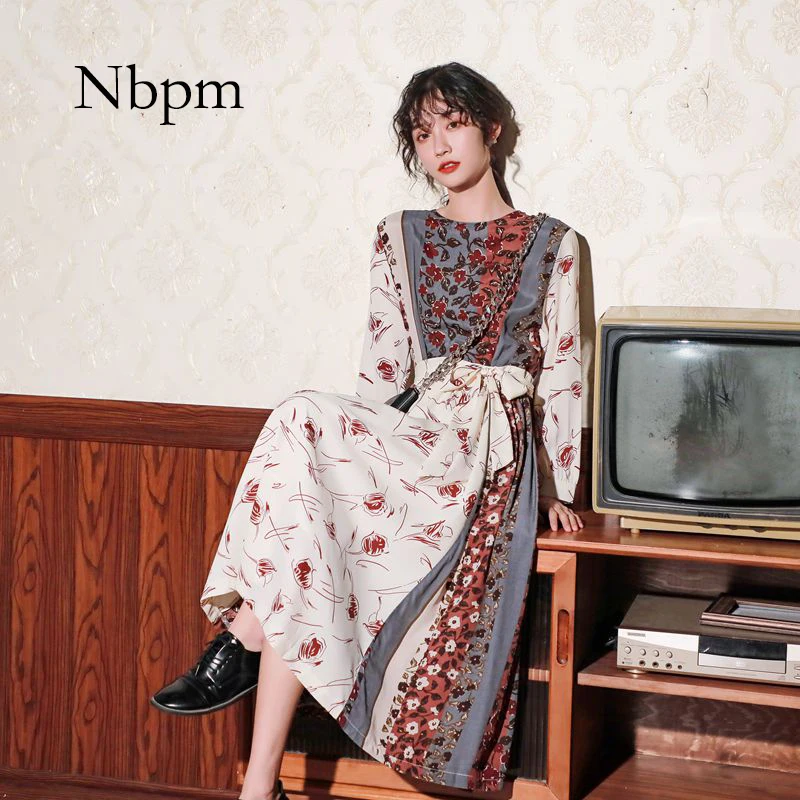 

Nbpm New 2021 Winter Spring Women Dresses Retro Floral Pattern Fashion Ethnic Elegant Long Sleeve High Waist Business Party