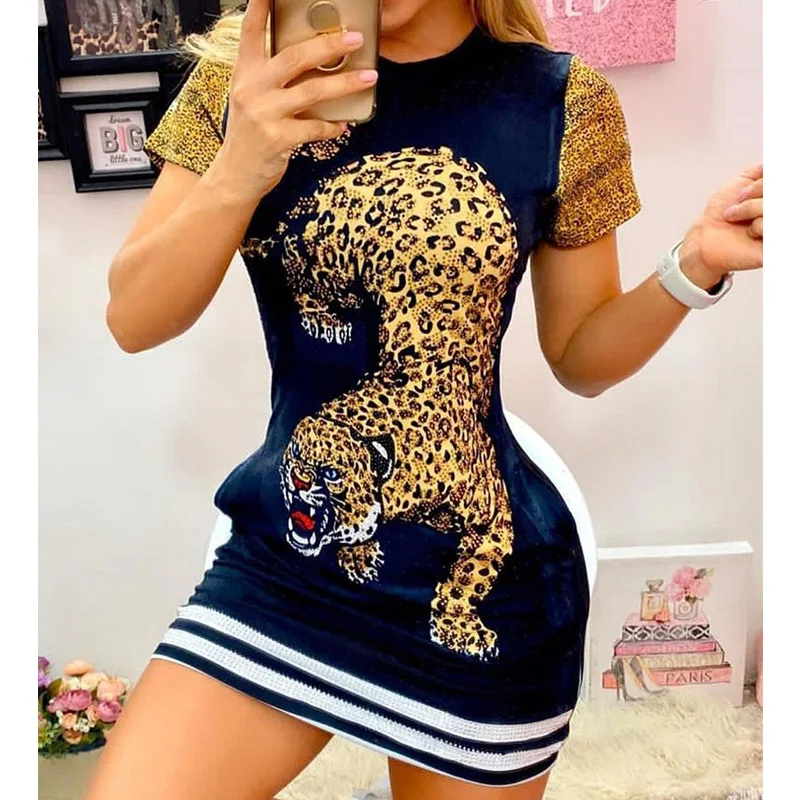 

2021 New Fashion Women Summer Bodycon Mini Dress Tiger Print Short Sleeve Casual Dress