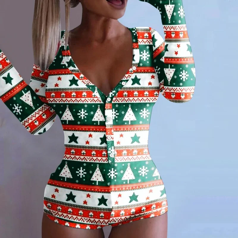 

Christmas Pajama Women Print Rompers Playsuit Casual Long Sleeve V Neck Onesies Skinny Overall Home Wear Sleepwear